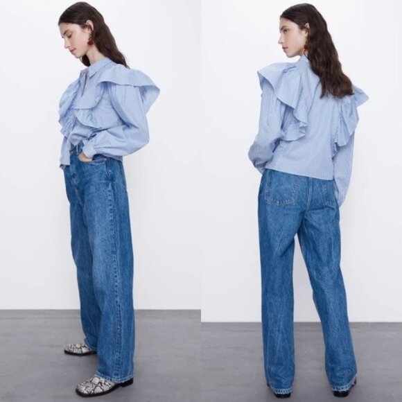 New With Tags Zara Ruffle button down long sleeve in blue with white stripes - Picture 2 of 16